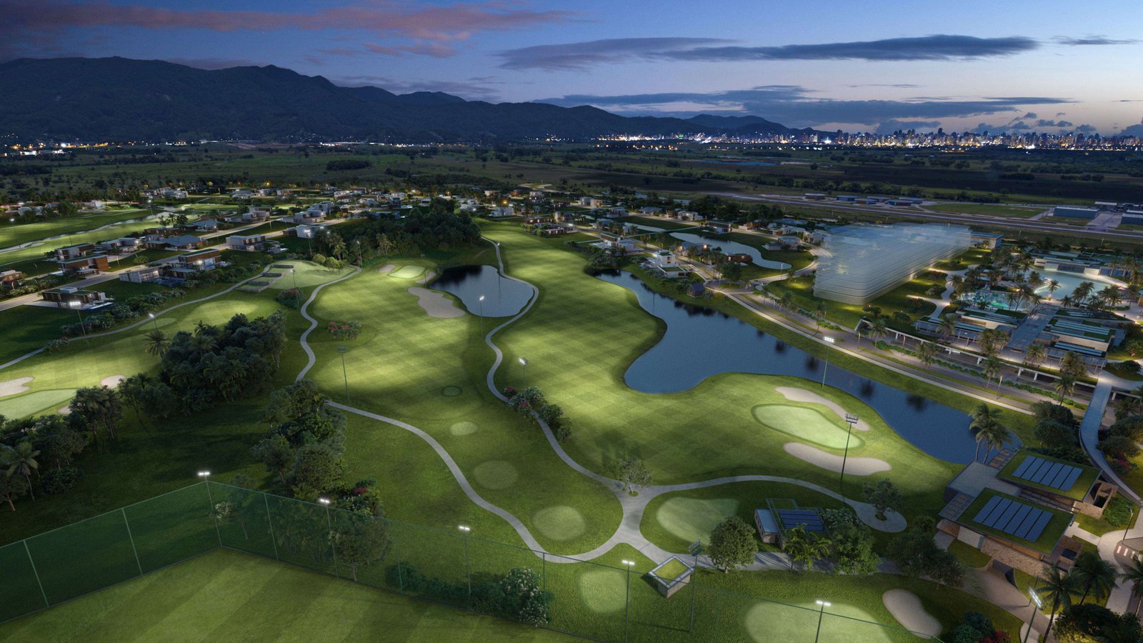 Campo de golfe iluminado à noite