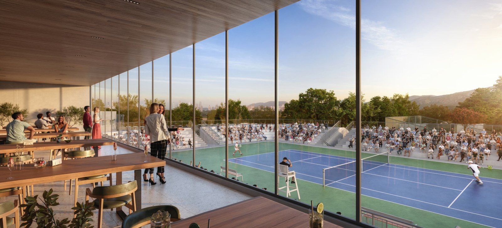 Lounge com vista para a arena de tênis