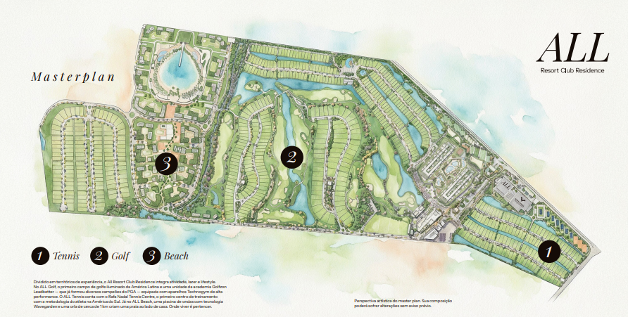 Masterplan aquarelado — distritos Tennis, Golf e Beach